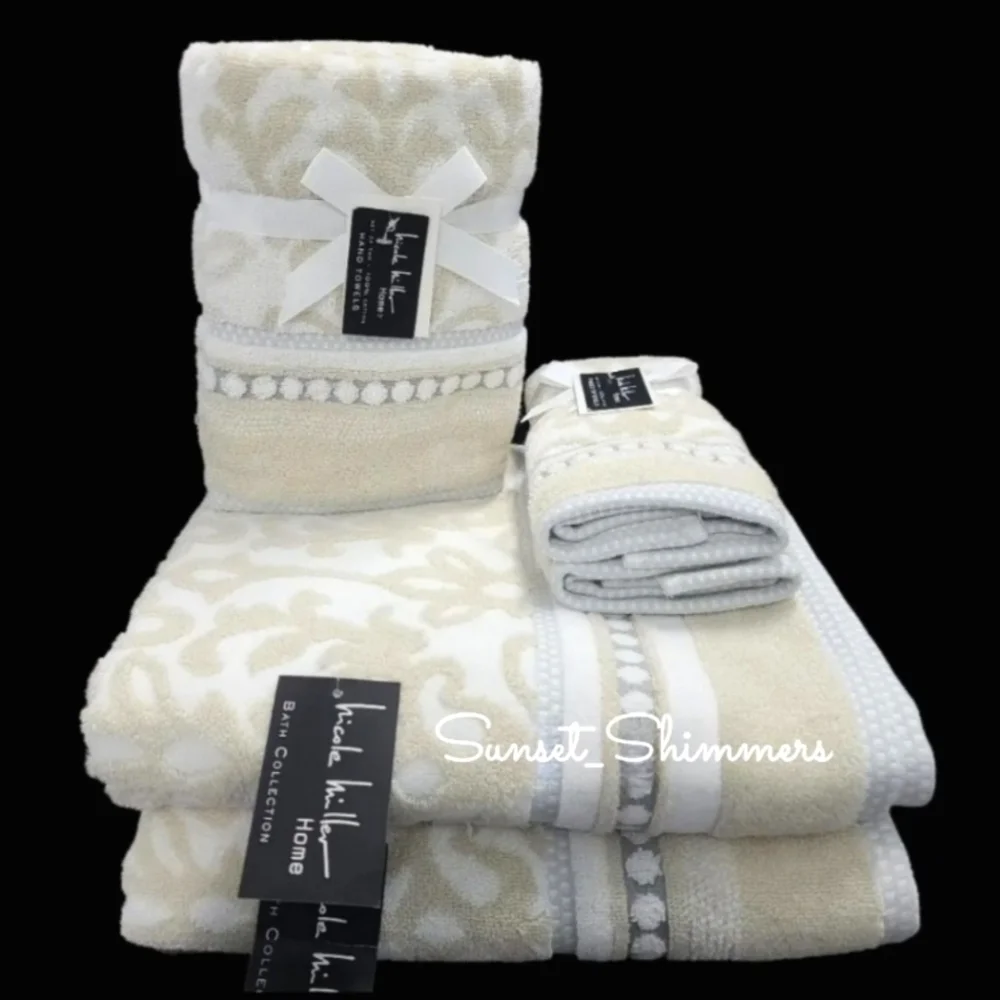 Nicole Miller 6pc Plush Damask Bath Hand Tip Towel Set Tan Gray White Cotton NEW